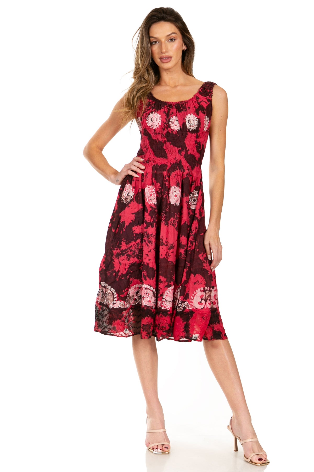 Women's Off-Shoulder Smocked Ruffle Midi Dress – Tie Dye & Embroidery