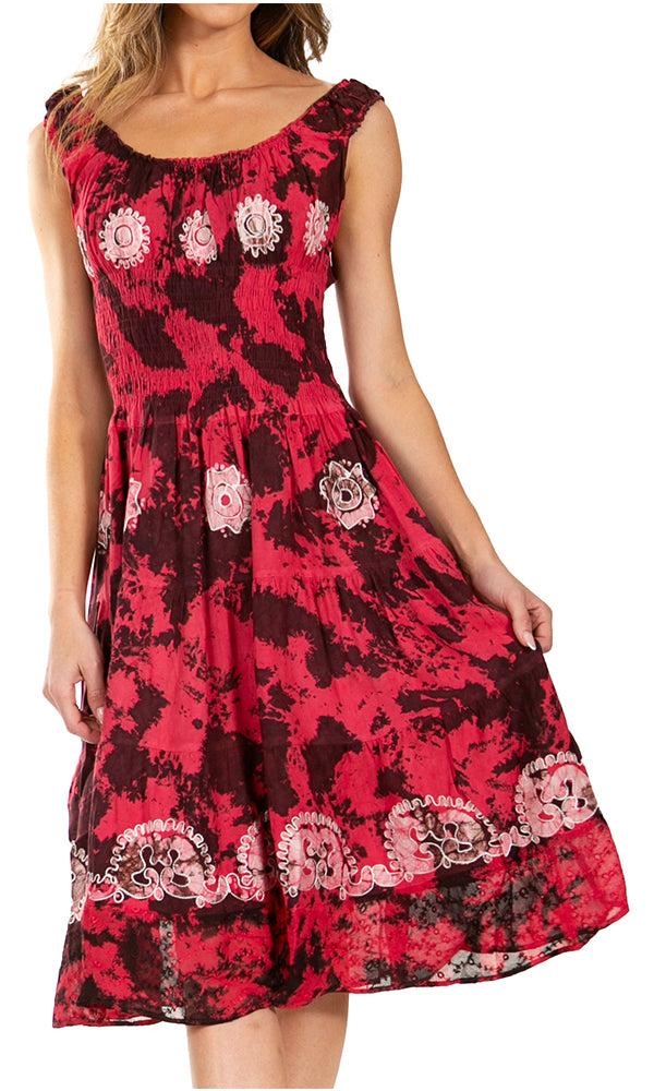 Women's Off-Shoulder Smocked Ruffle Midi Dress – Tie Dye & Embroidery