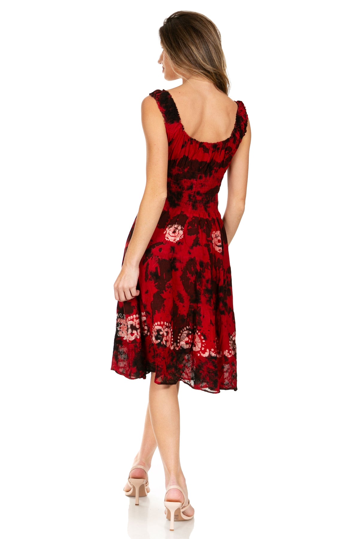 Women's Off-Shoulder Smocked Ruffle Midi Dress – Tie Dye & Embroidery