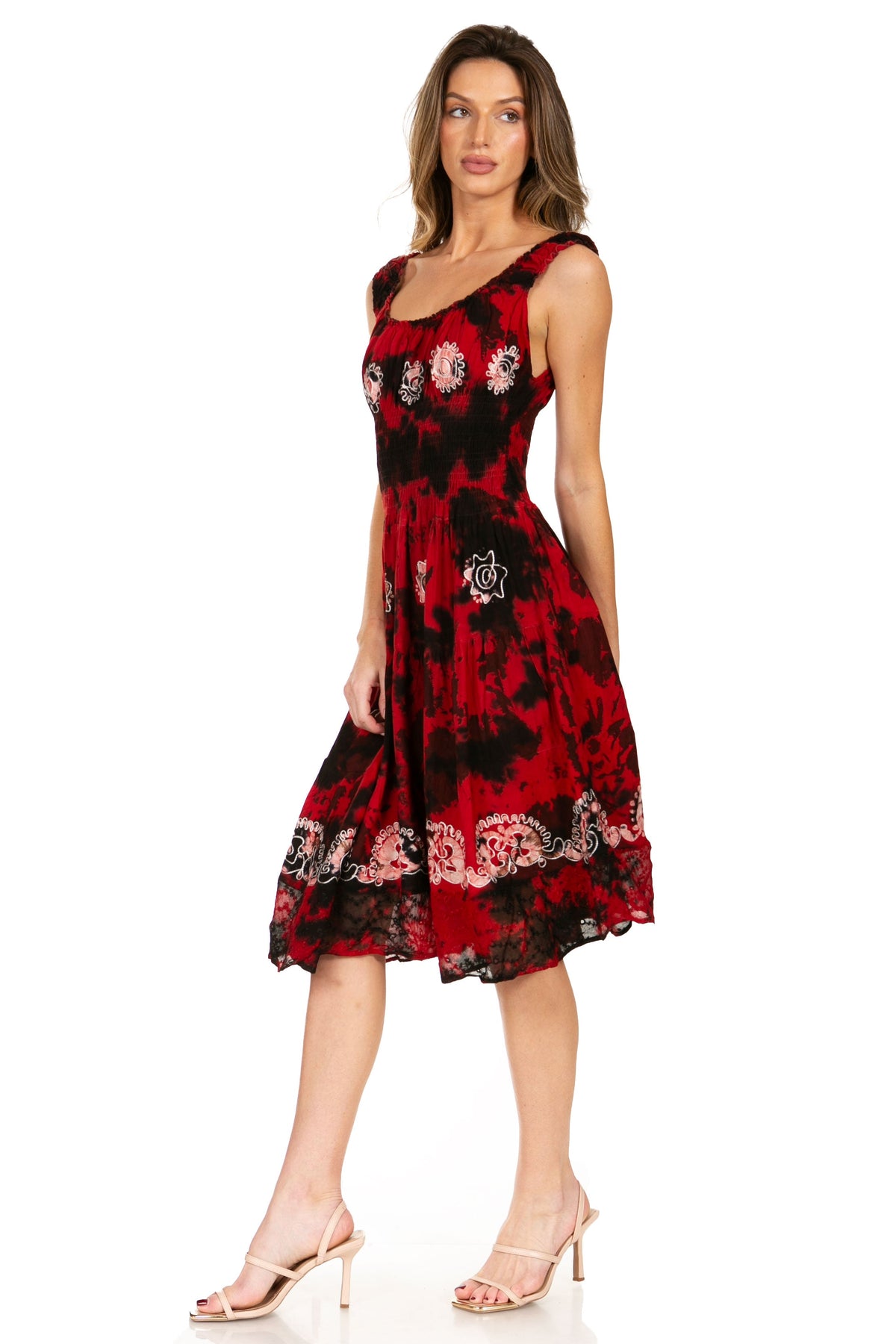 Women's Off-Shoulder Smocked Ruffle Midi Dress – Tie Dye & Embroidery