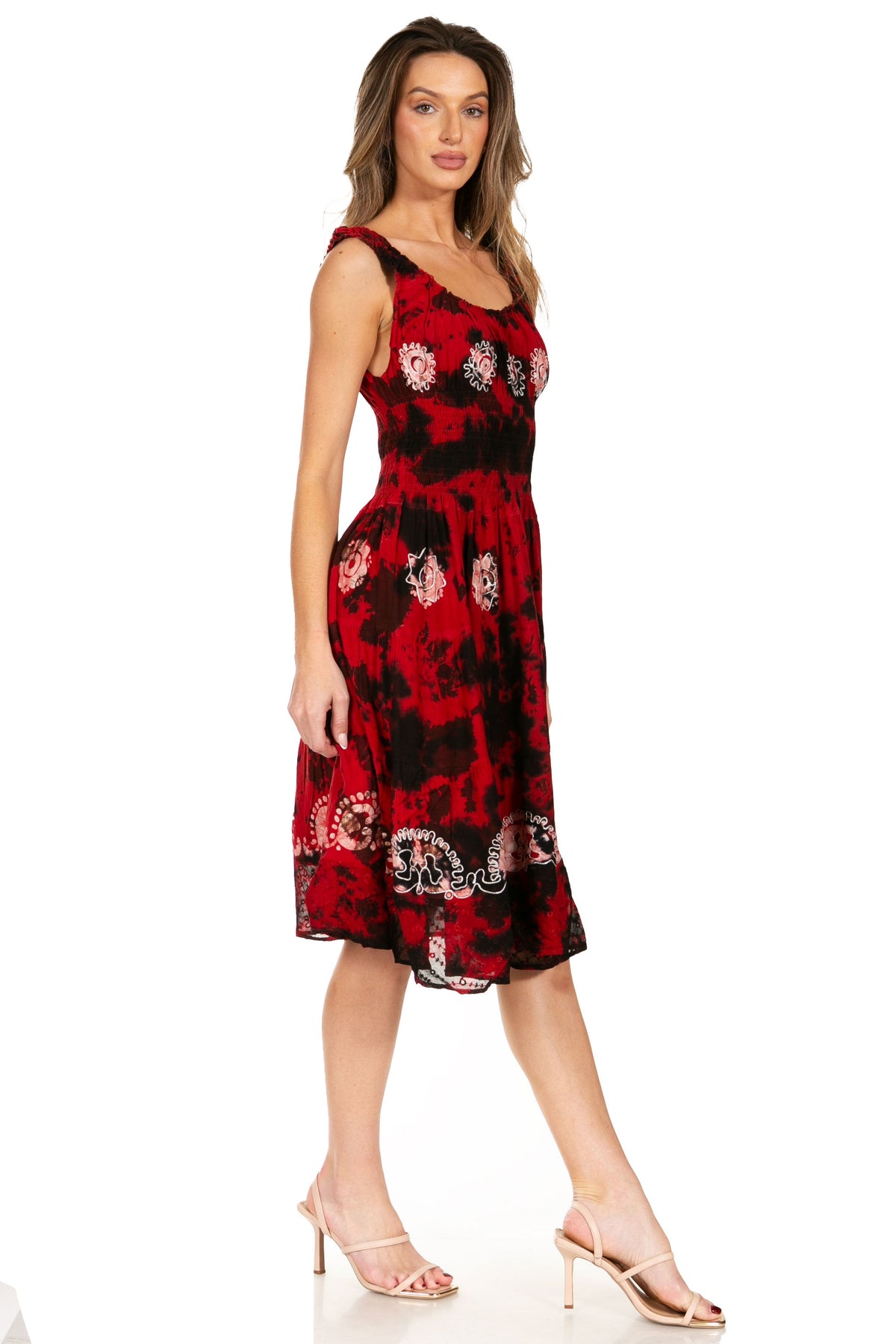 Women's Off-Shoulder Smocked Ruffle Midi Dress – Tie Dye & Embroidery