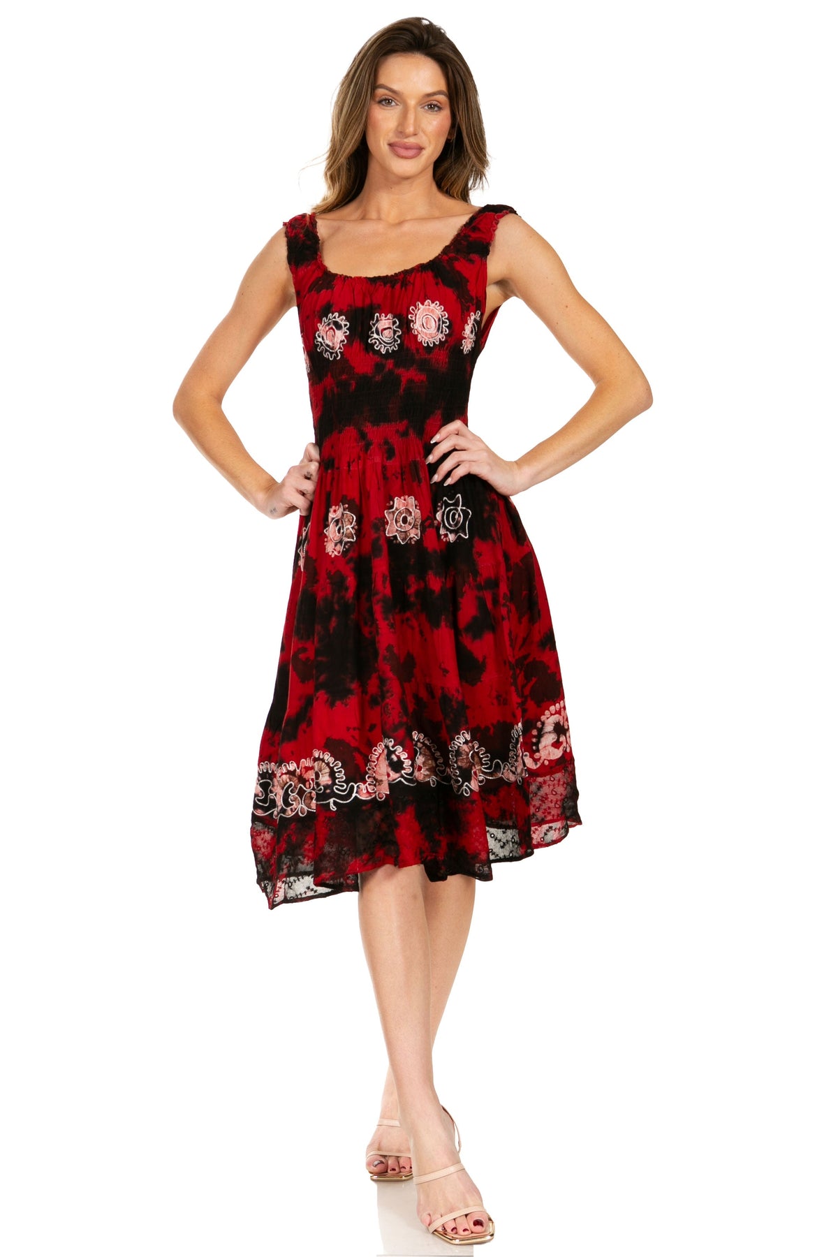 Women's Off-Shoulder Smocked Ruffle Midi Dress – Tie Dye & Embroidery
