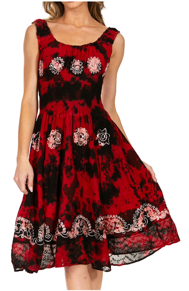 Women's Off-Shoulder Smocked Ruffle Midi Dress – Tie Dye & Embroidery