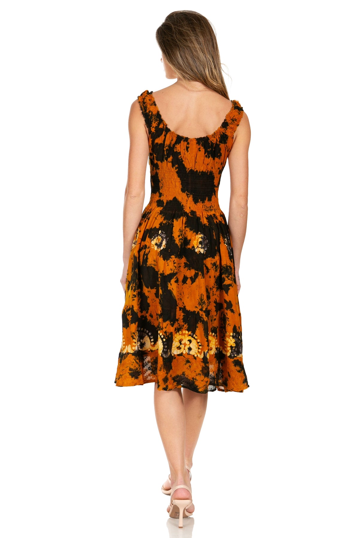 Women's Off-Shoulder Smocked Ruffle Midi Dress – Tie Dye & Embroidery