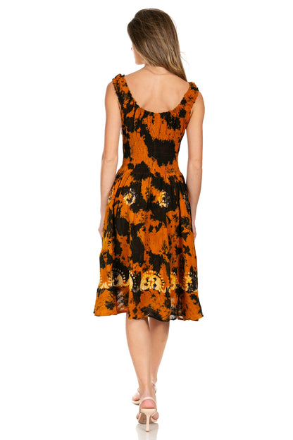 Women's Off-Shoulder Smocked Ruffle Midi Dress – Tie Dye & Embroidery