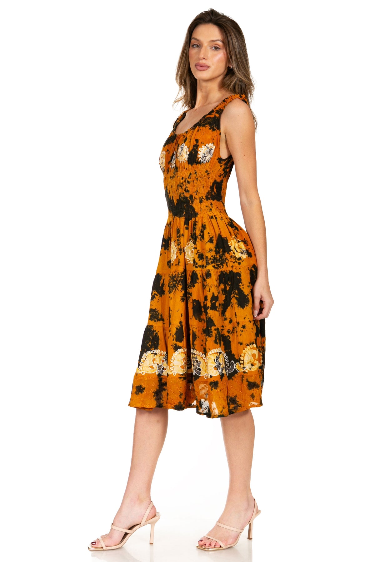 Women's Off-Shoulder Smocked Ruffle Midi Dress – Tie Dye & Embroidery