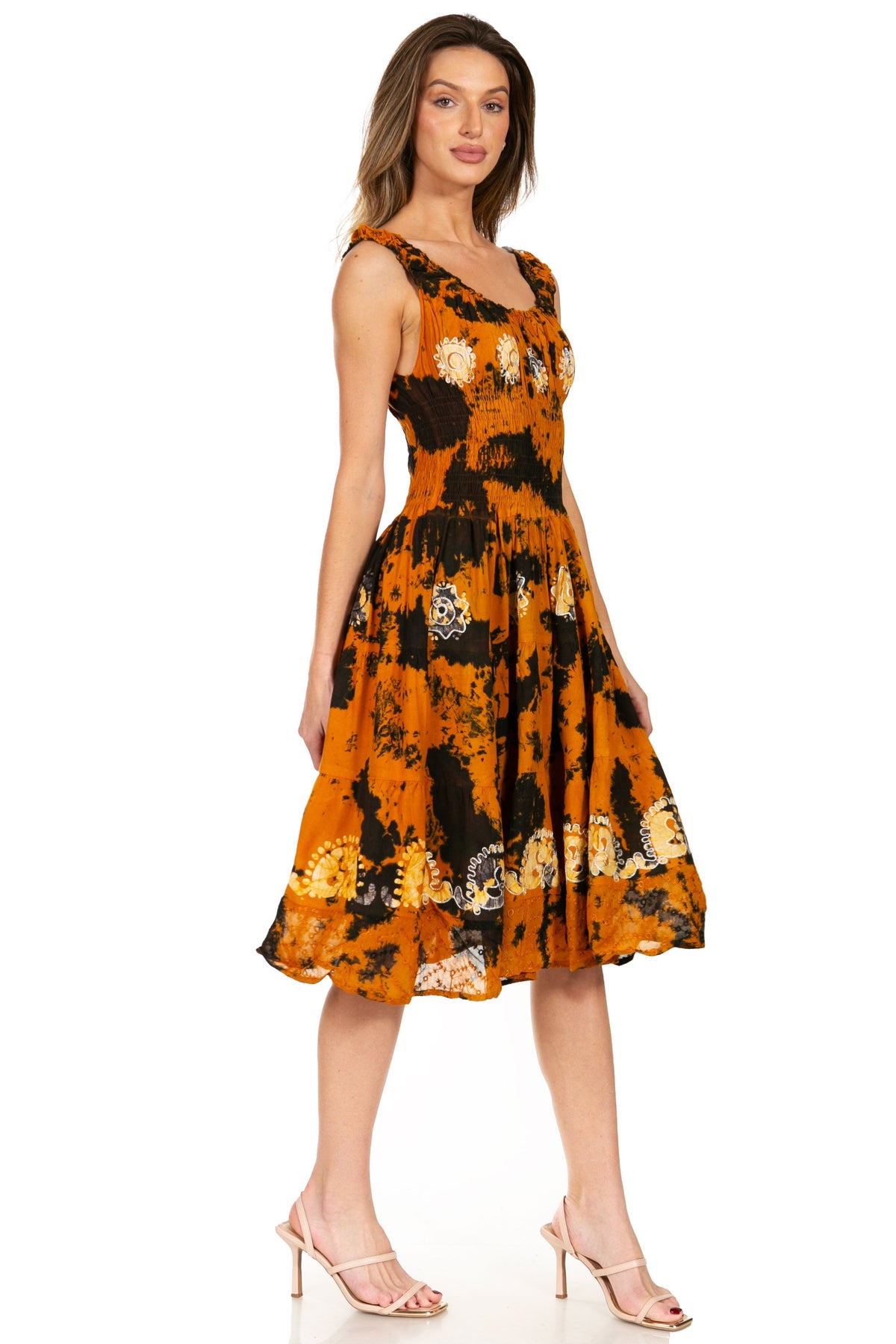 Women's Off-Shoulder Smocked Ruffle Midi Dress – Tie Dye & Embroidery