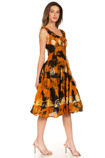 Women's Off-Shoulder Smocked Ruffle Midi Dress – Tie Dye & Embroidery