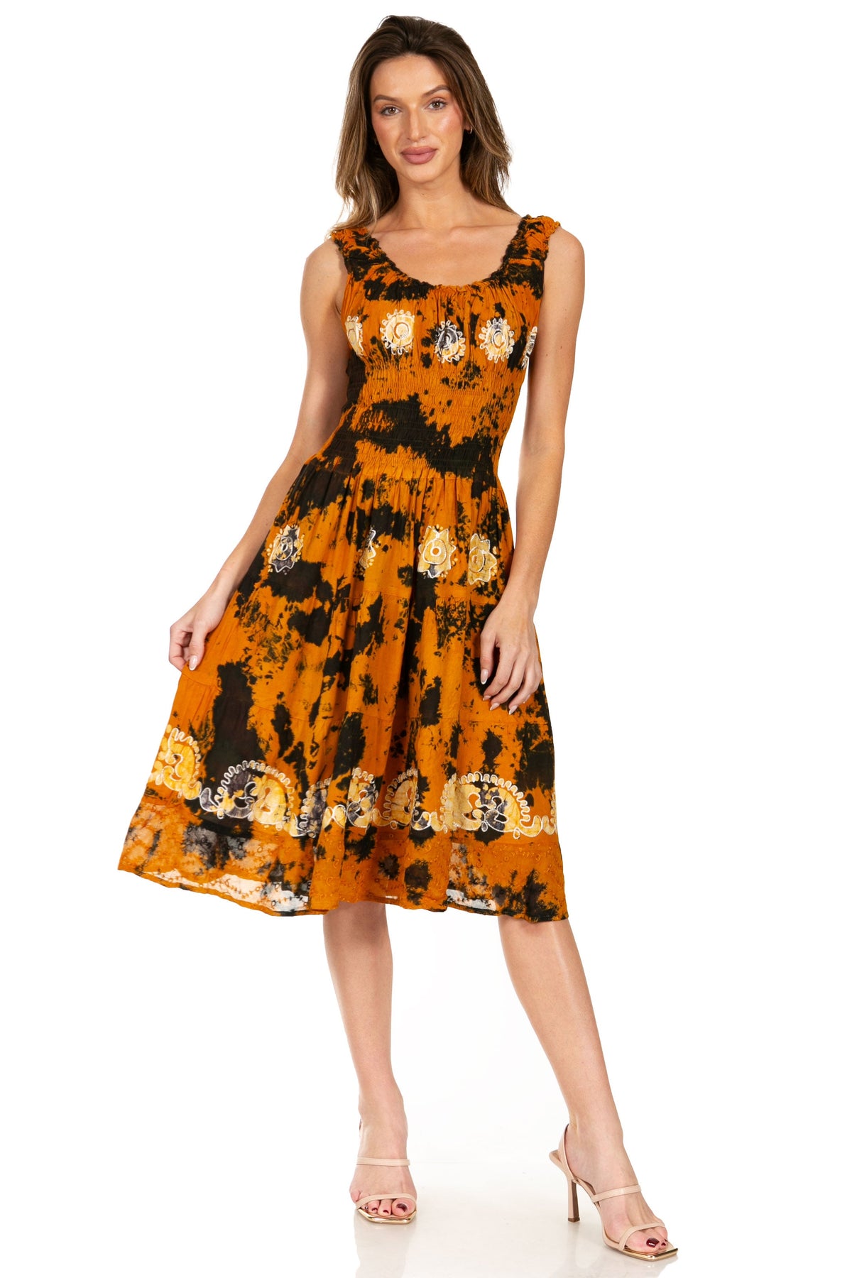 Women's Off-Shoulder Smocked Ruffle Midi Dress – Tie Dye & Embroidery
