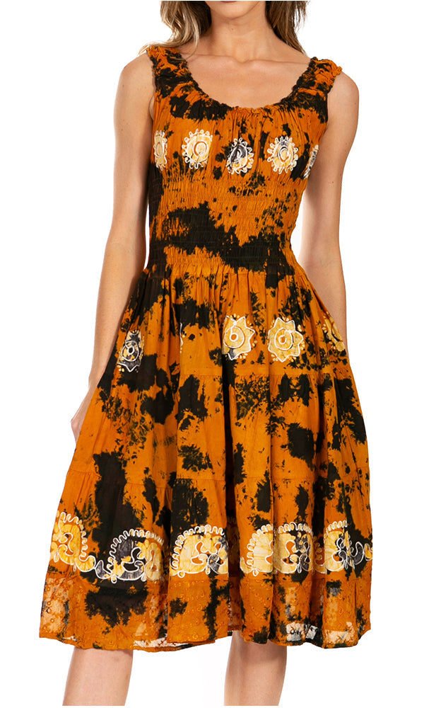 Women's Off-Shoulder Smocked Ruffle Midi Dress – Tie Dye & Embroidery