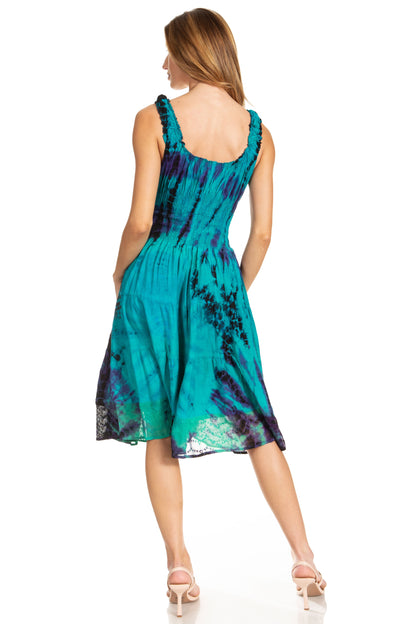 Women's Off-Shoulder Smocked Ruffle Midi Dress – Tie Dye & Embroidery