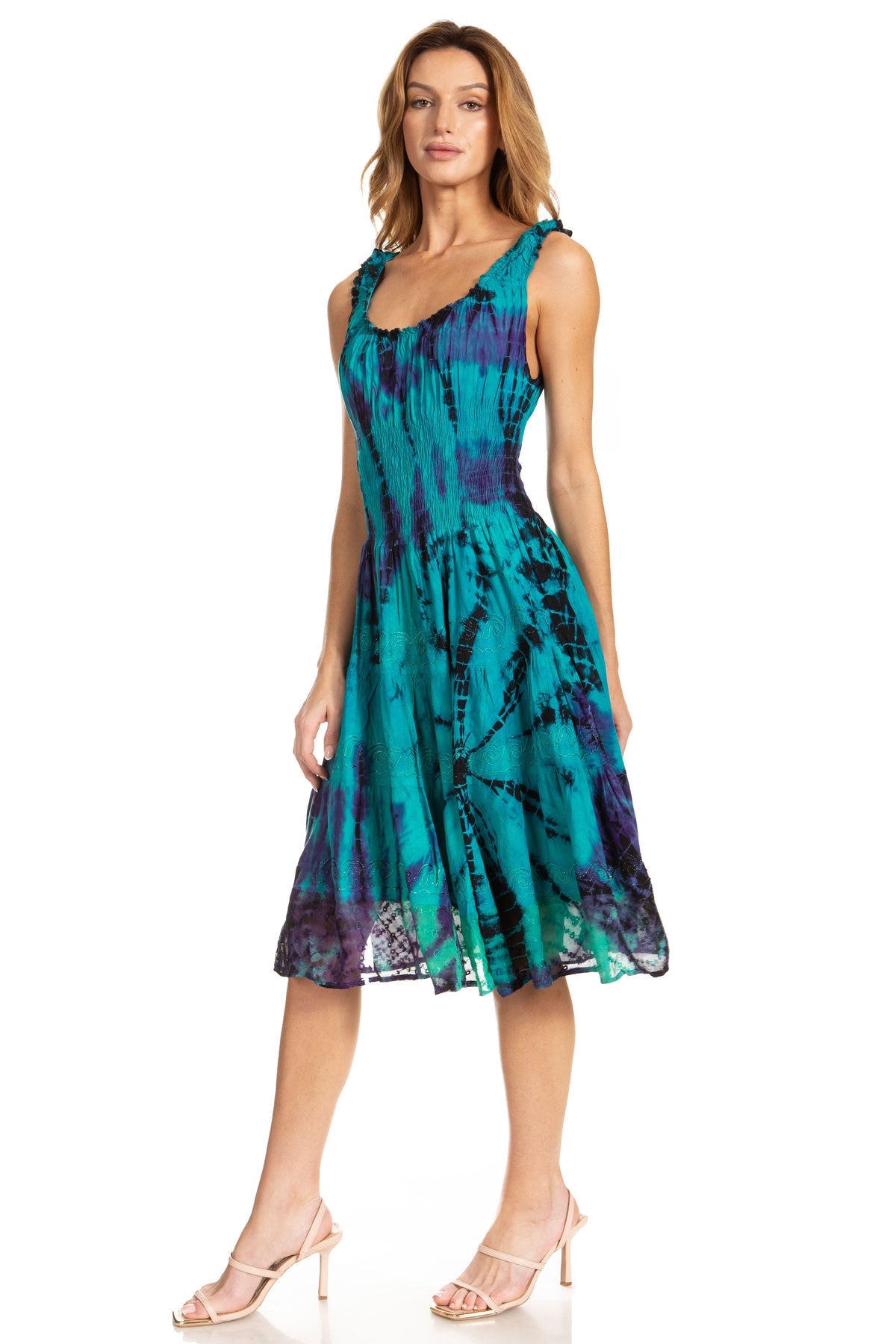 Women's Off-Shoulder Smocked Ruffle Midi Dress – Tie Dye & Embroidery