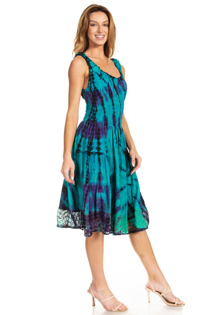 Women's Off-Shoulder Smocked Ruffle Midi Dress – Tie Dye & Embroidery