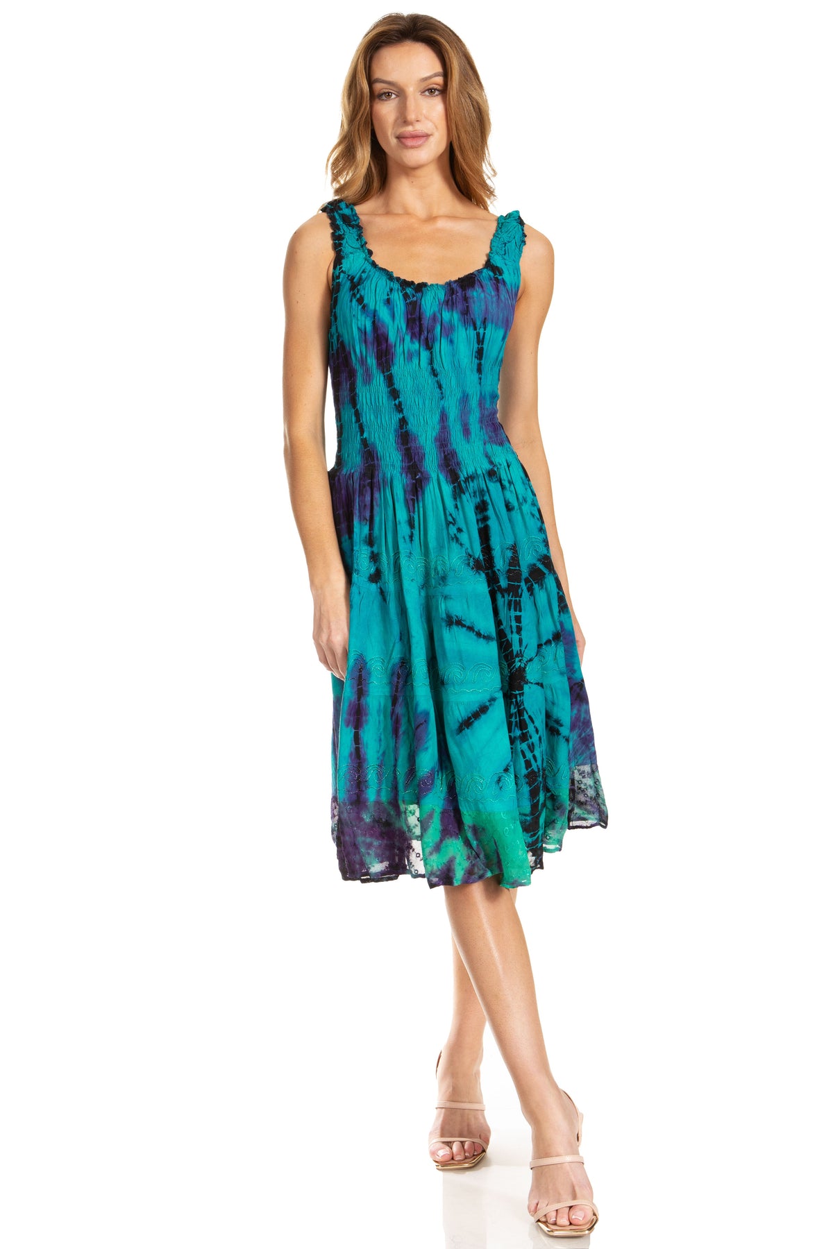 Women's Off-Shoulder Smocked Ruffle Midi Dress – Tie Dye & Embroidery