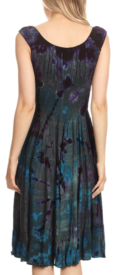 Women's Off-Shoulder Smocked Ruffle Midi Dress – Tie Dye & Embroidery