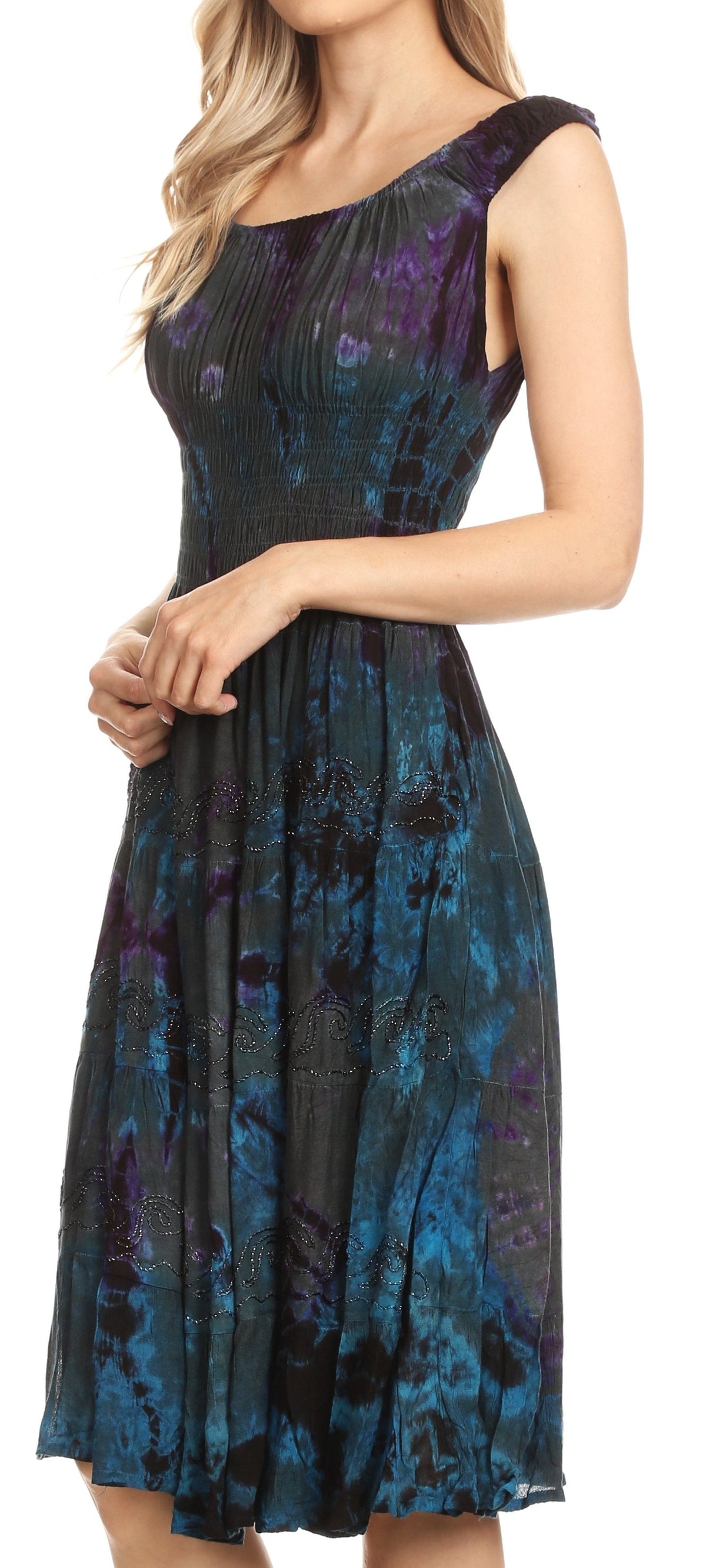 Women's Off-Shoulder Smocked Ruffle Midi Dress – Tie Dye & Embroidery