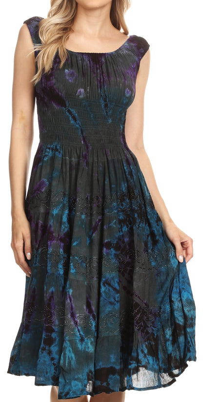 Women's Off-Shoulder Smocked Ruffle Midi Dress – Tie Dye & Embroidery