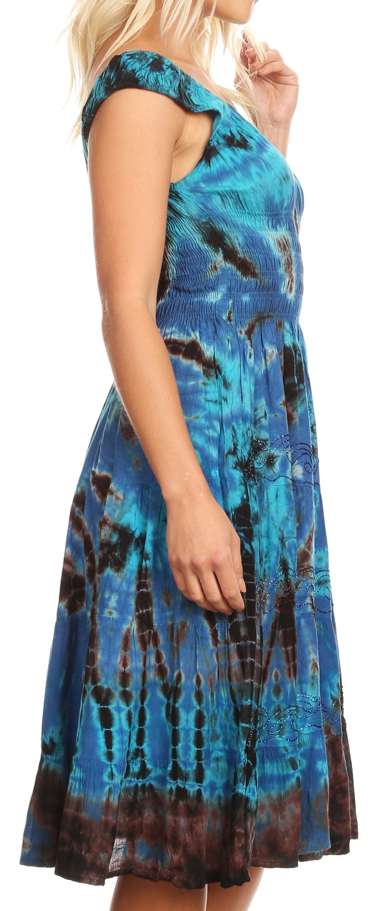 Women's Off-Shoulder Smocked Ruffle Midi Dress – Tie Dye & Embroidery