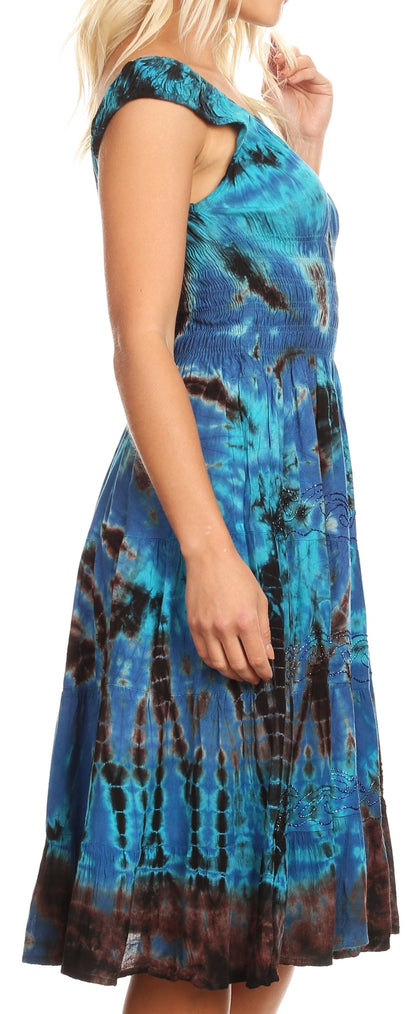 Women's Off-Shoulder Smocked Ruffle Midi Dress – Tie Dye & Embroidery