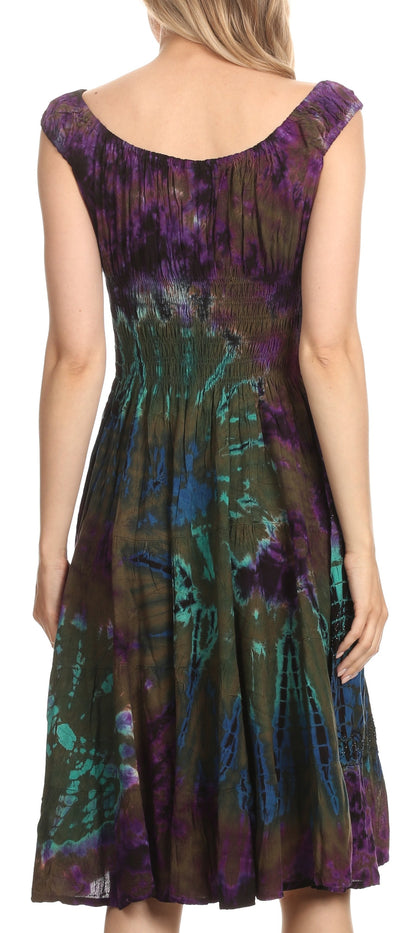 Women's Off-Shoulder Smocked Ruffle Midi Dress – Tie Dye & Embroidery