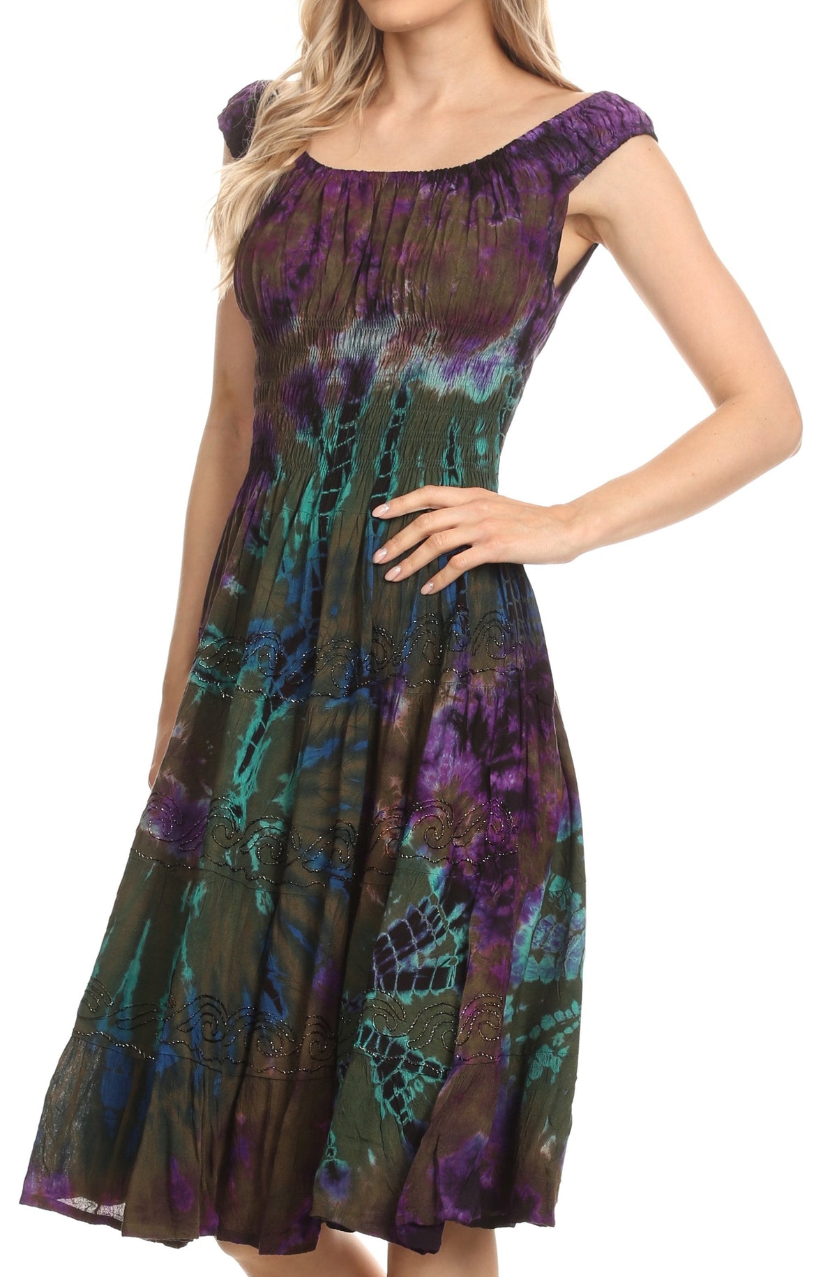 Women's Off-Shoulder Smocked Ruffle Midi Dress – Tie Dye & Embroidery