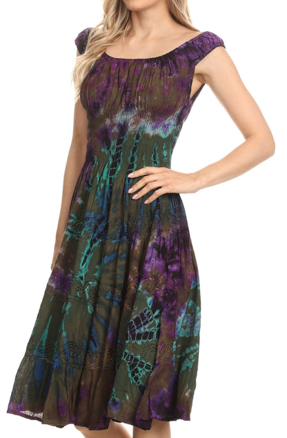 Women's Off-Shoulder Smocked Ruffle Midi Dress – Tie Dye & Embroidery