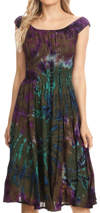 Women's Off-Shoulder Smocked Ruffle Midi Dress – Tie Dye & Embroidery