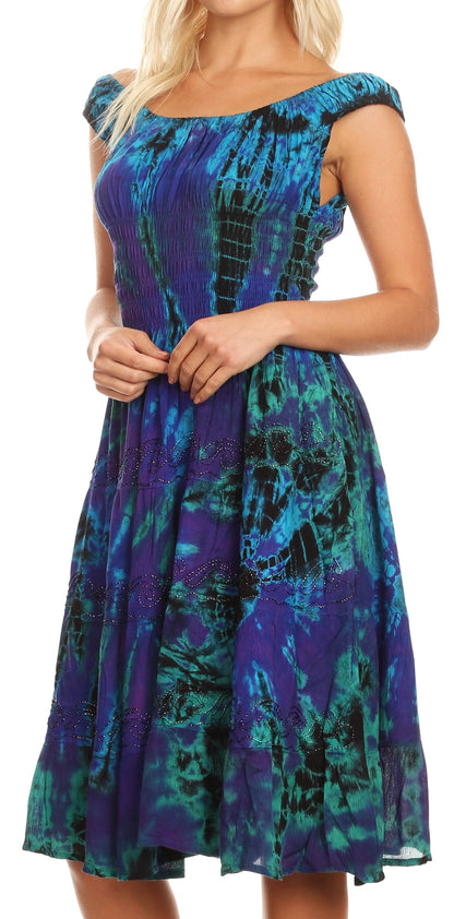 Women's Off-Shoulder Smocked Ruffle Midi Dress – Tie Dye & Embroidery