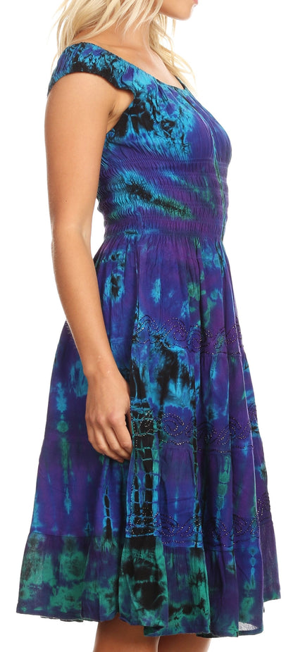 Women's Off-Shoulder Smocked Ruffle Midi Dress – Tie Dye & Embroidery