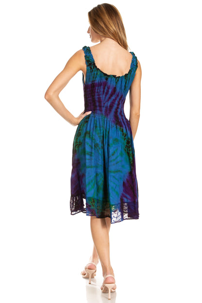 Women's Off-Shoulder Smocked Ruffle Midi Dress – Tie Dye & Embroidery