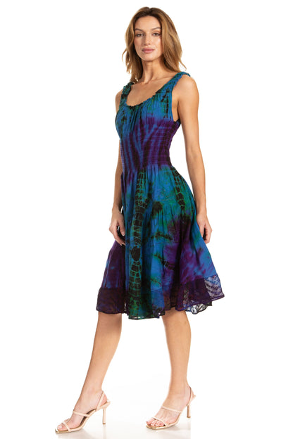 Women's Off-Shoulder Smocked Ruffle Midi Dress – Tie Dye & Embroidery