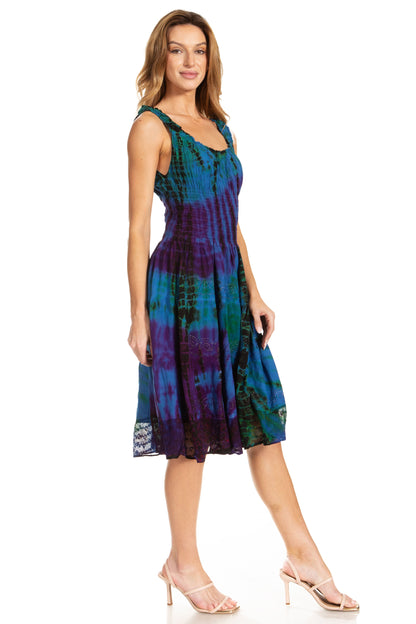 Women's Off-Shoulder Smocked Ruffle Midi Dress – Tie Dye & Embroidery
