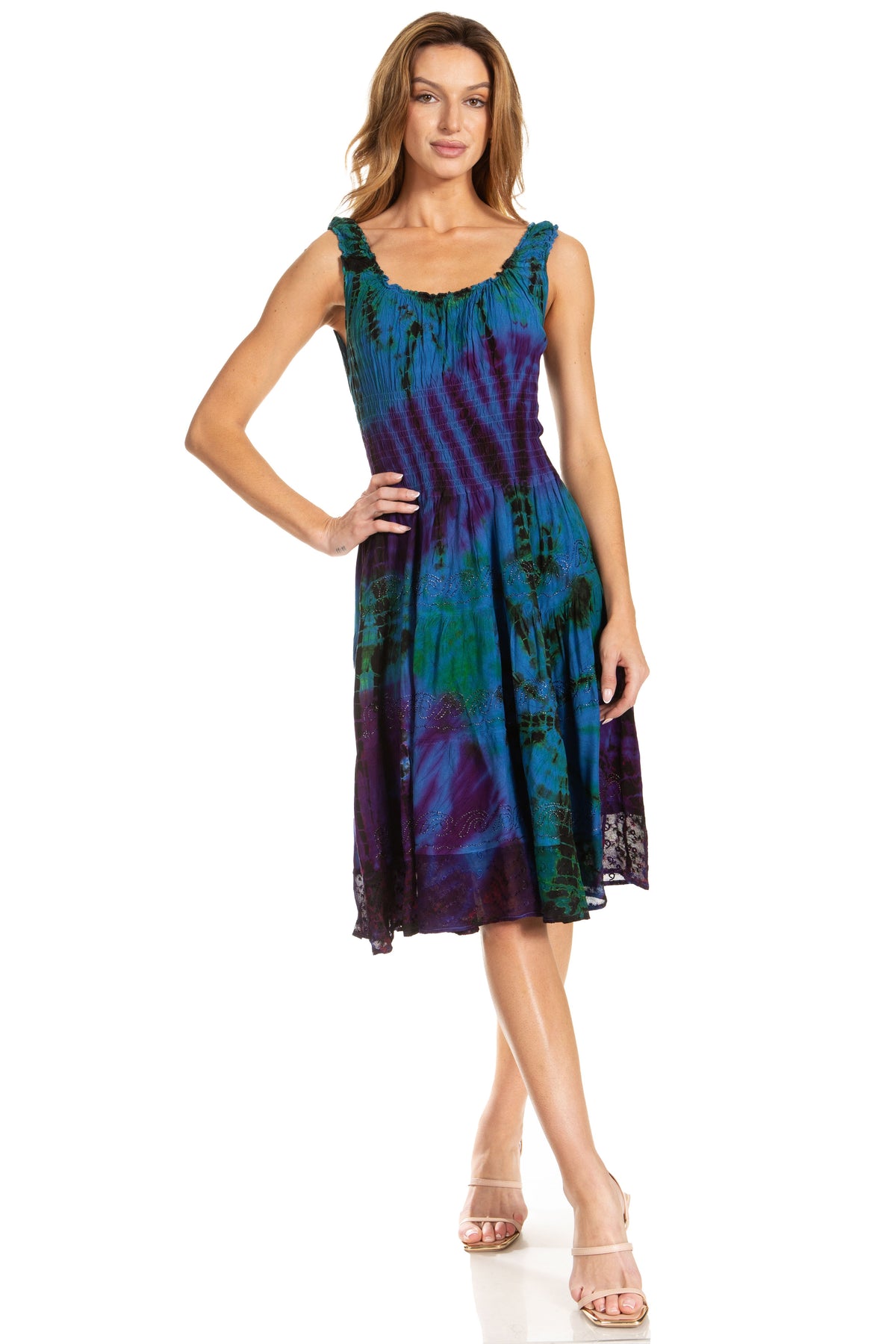 Women's Off-Shoulder Smocked Ruffle Midi Dress – Tie Dye & Embroidery