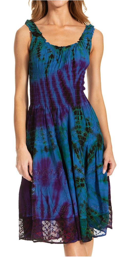 Women's Off-Shoulder Smocked Ruffle Midi Dress – Tie Dye & Embroidery