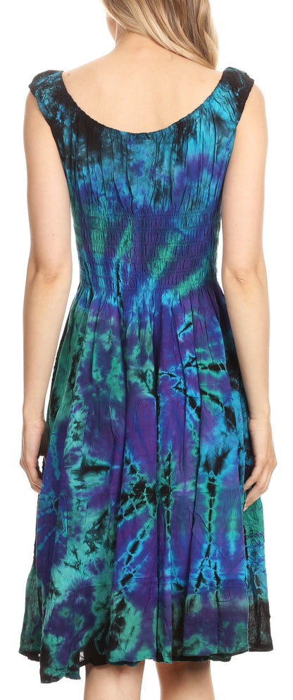 Women's Off-Shoulder Smocked Ruffle Midi Dress – Tie Dye & Embroidery