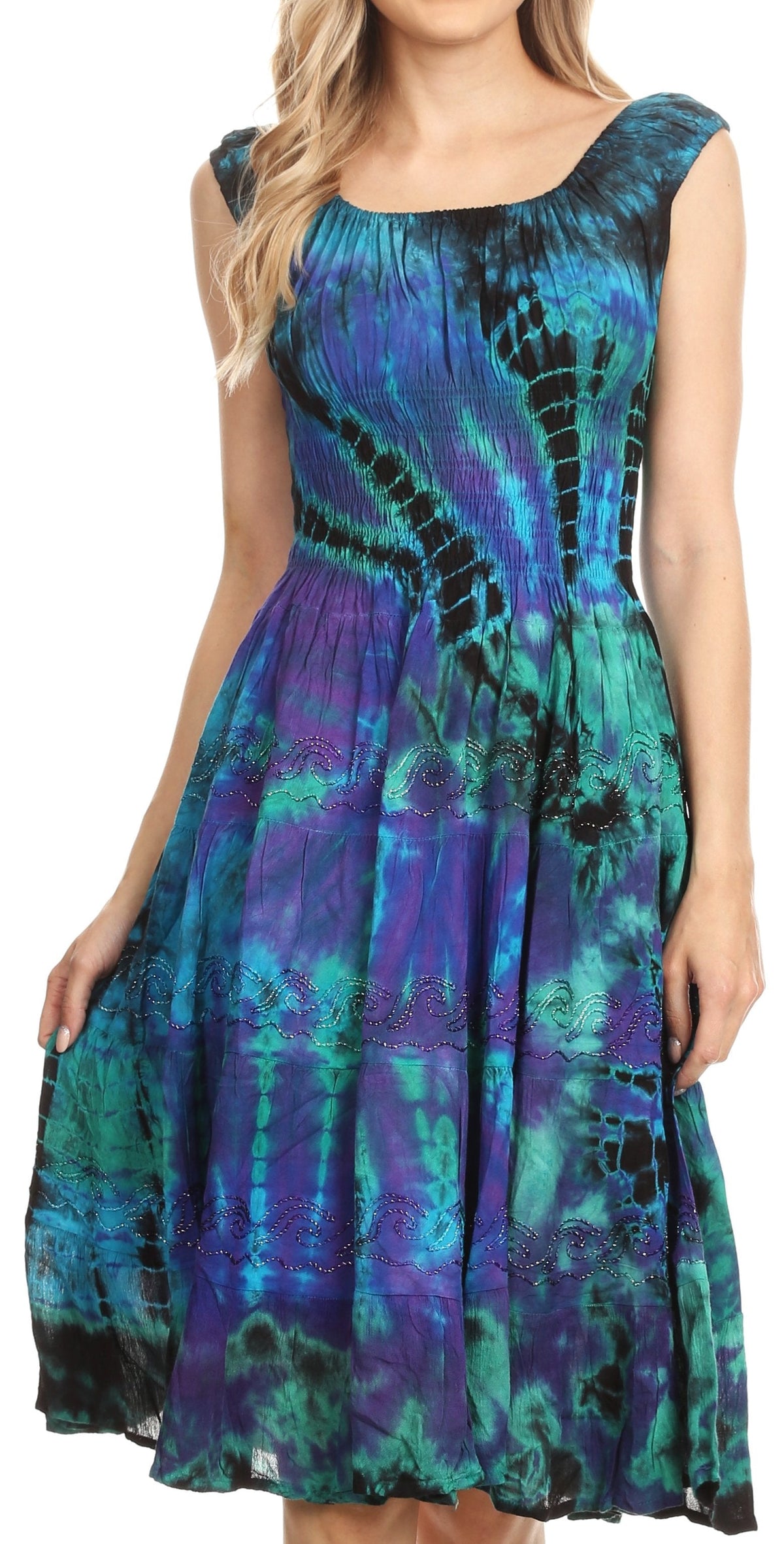 Women's Off-Shoulder Smocked Ruffle Midi Dress – Tie Dye & Embroidery