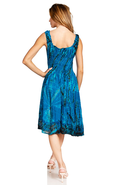 Women's Off-Shoulder Smocked Ruffle Midi Dress – Tie Dye & Embroidery