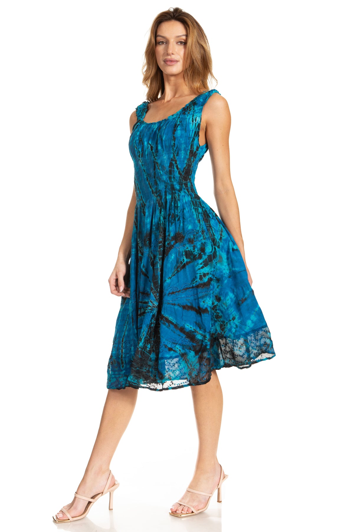Women's Off-Shoulder Smocked Ruffle Midi Dress – Tie Dye & Embroidery