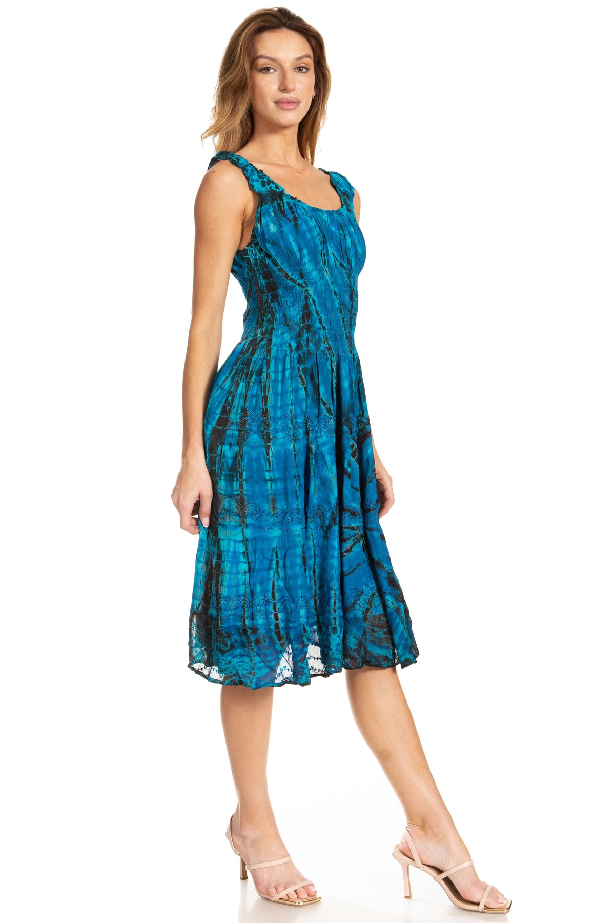 Women's Off-Shoulder Smocked Ruffle Midi Dress – Tie Dye & Embroidery