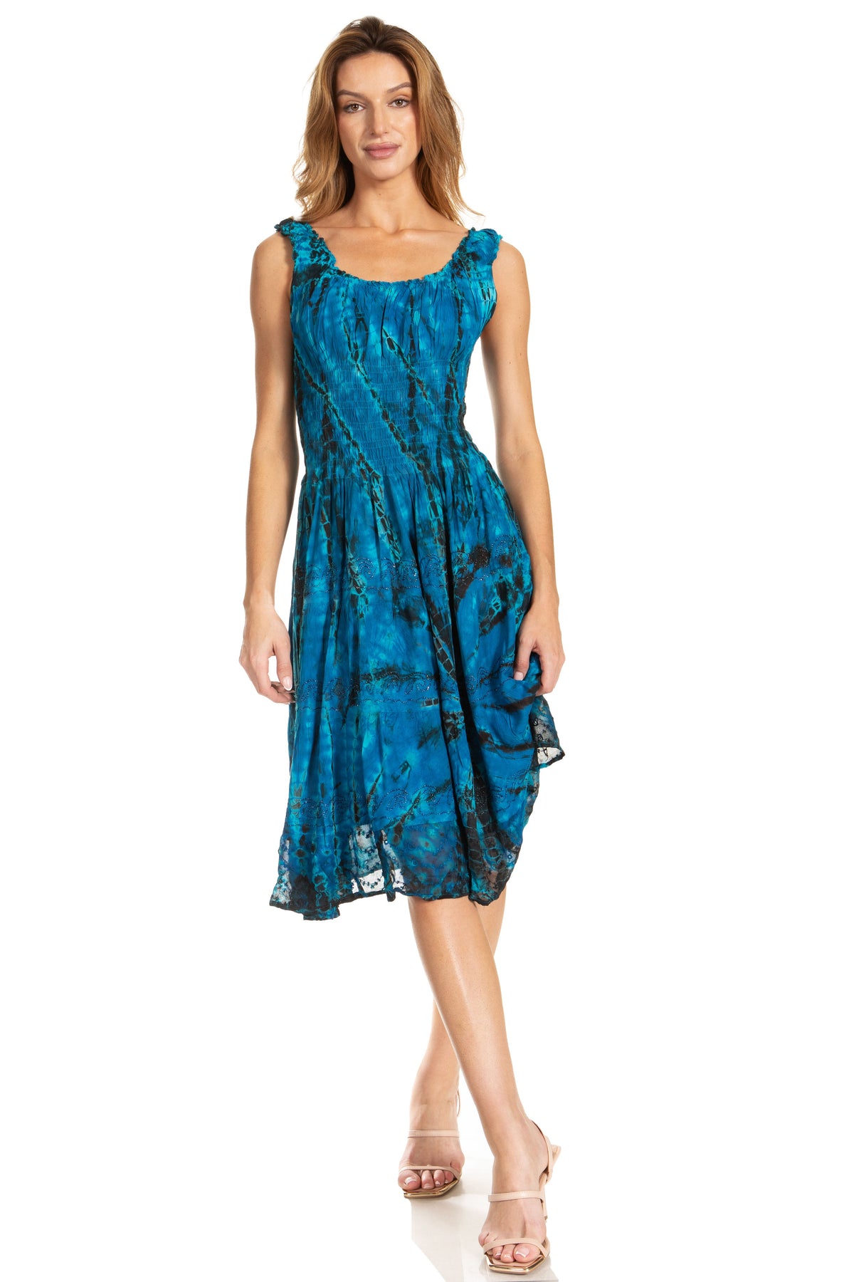 Women's Off-Shoulder Smocked Ruffle Midi Dress – Tie Dye & Embroidery