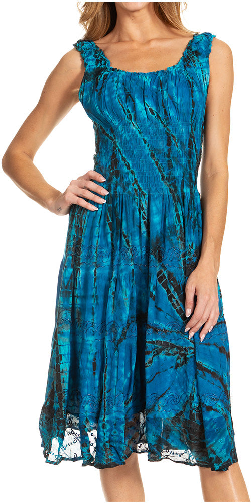 Women's Off-Shoulder Smocked Ruffle Midi Dress – Tie Dye & Embroidery