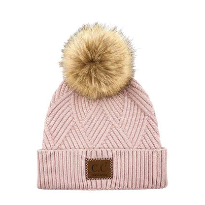 Women's Heather Beanie with Pom and Suede Patch