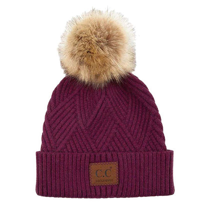 Women's Heather Beanie with Pom and Suede Patch