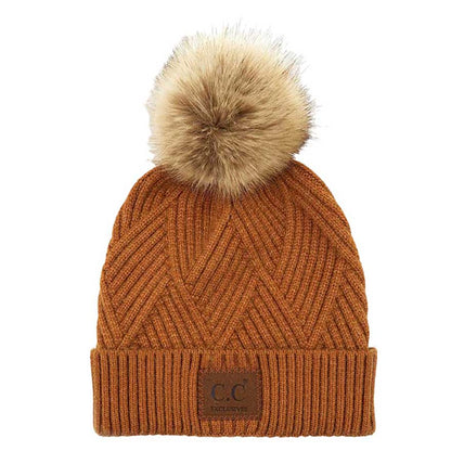 Women's Heather Beanie with Pom and Suede Patch