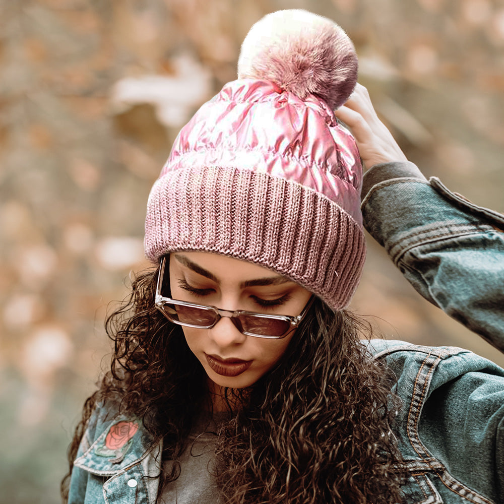 Women's Fleece-Lined Puffer Knit Pom Beanie
