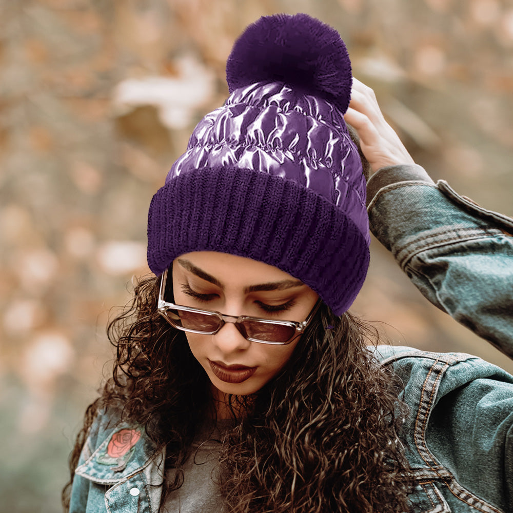 Women's Fleece-Lined Puffer Knit Pom Beanie