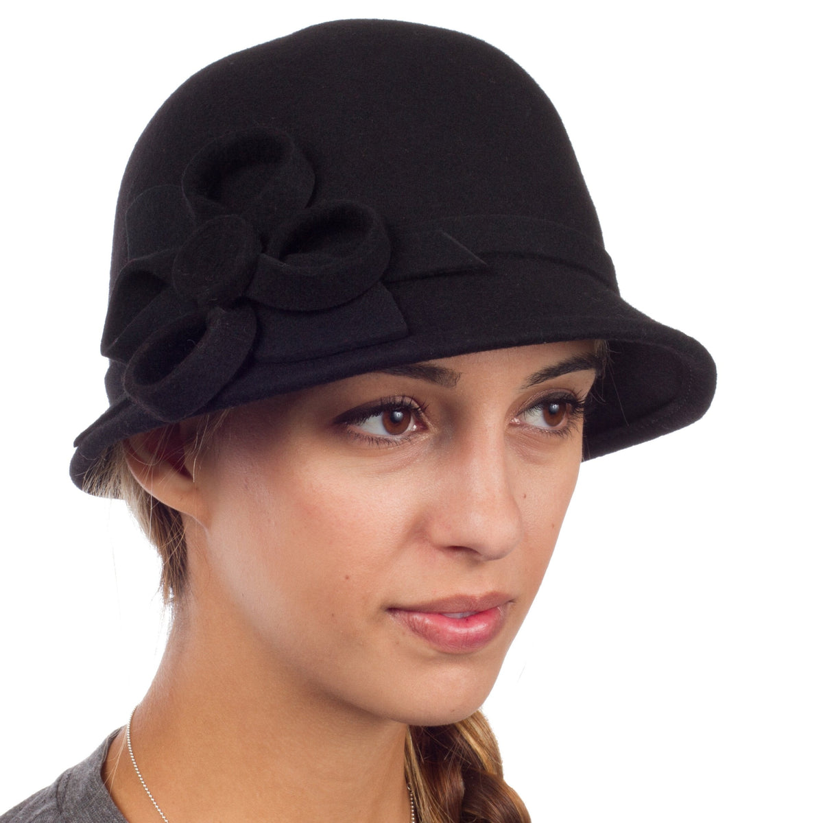 Wool Cloche Hat with Flower Accent