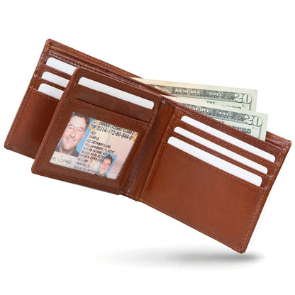 Men's RFID Leather Bifold Wallet, 10 Card Slots with ID Window