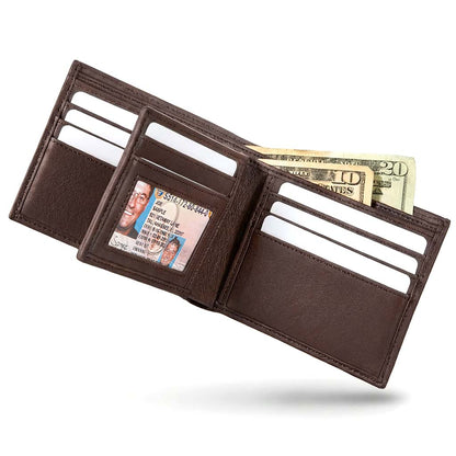 Men's RFID Leather Bifold Wallet, 10 Card Slots with ID Window