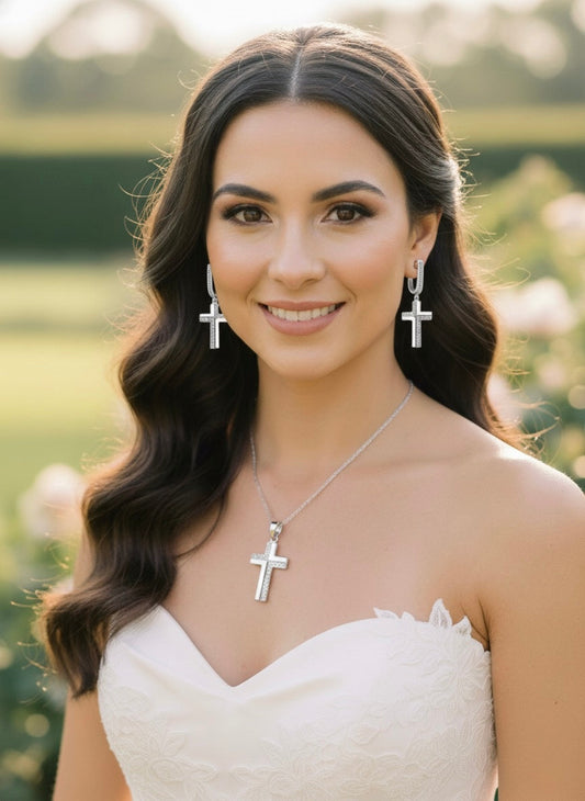 Sterling Silver Cross Earrings & Necklace Set with Zircons